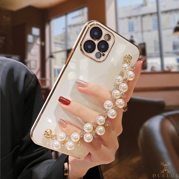 Pearl Bracelet Phone Case For iPhone 15 13 14 12 11 SE X 8 7, Silicone iPhone Case Luxury Chain Pearl Bracelet Cover Camera Protection