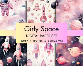 Watercolor Astronaut Space digital paper pack, girl pattern, nursery, Planets, Moon, stars, seamless design | 6 Designs