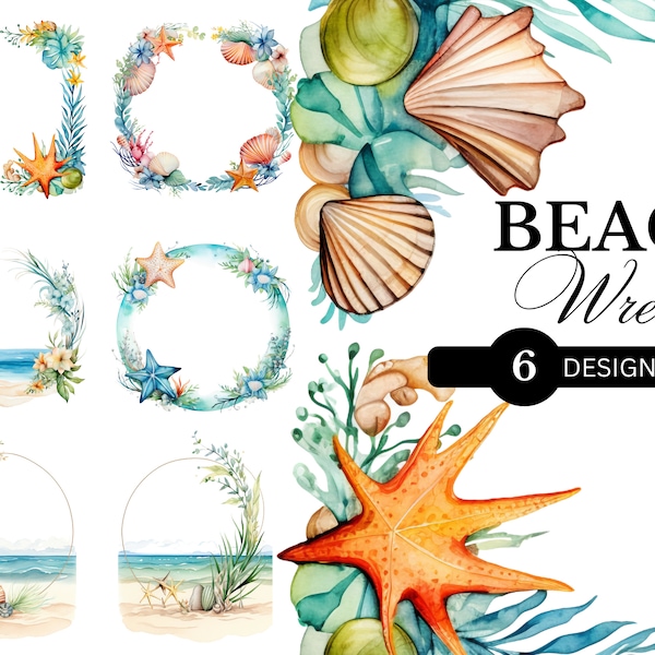 6 PNG Sandy Beach Watercolor Frame PNG | Floral Beach Clipart | Nautical Beach Frame | Beach Wreath | Crustaceancore | Beach | Sublimation