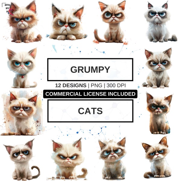 12 PNG Grumpy Cat Clipart Bundle, Funny Animal Clipart, Funny Cat, Commercial License, Instant Download PNG