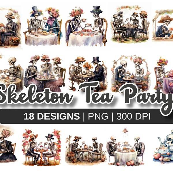 18 PNG Spooky Skeleton Tea Party Clipart - Halloween Skeletons and Teacups - Watercolor Halloween – Skeletons on a Date - Cinco de Mayo