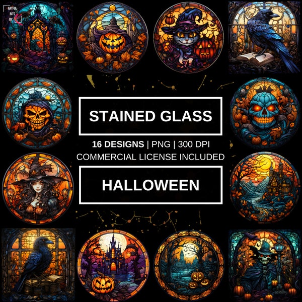 16 PNG Watercolor Stained Glass Halloween Bundle Clipart - Gothic Halloween Design - Happy Halloween Illustrations Clip art, Witchcraft png