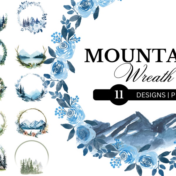 11 PNG Watercolor Mountain Serene Wreaths - Watercolor mountains - Woodland wreath - Mountains Clipart - Greenery Clipart - Greenery Wreath