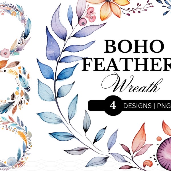 4 PNG Watercolor Boho Feathers Wreath Frame, Wall Art, Boho Wreath Clipart, Feathers Wreath Clipart, Boho Frame, Feathers Frame