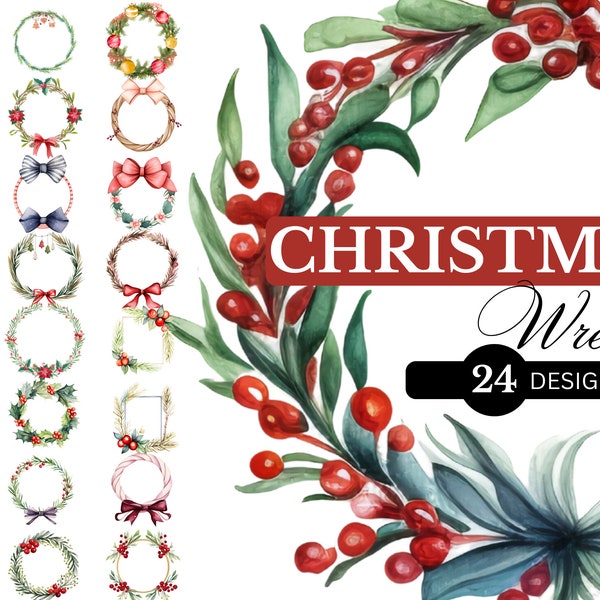 24 PNG Christmas Wreath PNG Bundle, Wreath Sublimation, Christmas , Floral Frame PNG, Watercolor Wreath png, Wreath Drawings, Custom Wreath