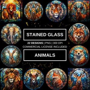 22 PNG Watercolor Stained Glass Animals Bundle Clipart - Stained Glass Animal Clipart, Victorian Wild Beasts Ephemera bundle, Art Nouveau