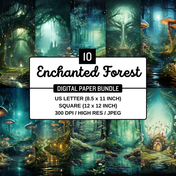 10 Enchanted Fantasy Forest Digital Paper - Mysterious Woods Backdrop, Magical Mystery Forest Digital Paper, Woodland Cards, Junk Journal