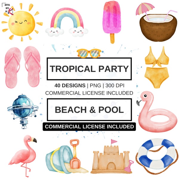 40 PNG Summer Party Clipart, Tropical Party, Pool Party Clipart, Beach Party Clipart, Summer Clipart, Watercolor Summer Party Invitation