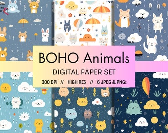 Boho Animals Pattern, Baby Animals & Weather, bohemian nursery, new baby , digital paper pack, scrapbook paper, seamless design | 6 Designs