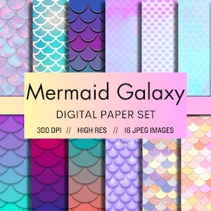 Mermaid Galaxy Digital Paper - seamless background rainbow patterns instant download, JPG, Glitter & Pastel, POD Supplies