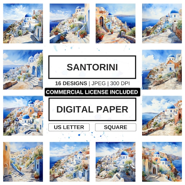 16 Printable Santorini Greece Watercolor Digital Paper, Mediterranean Santorini Paper, Greek Art Print, Download Junk Journal, Scrapbooking