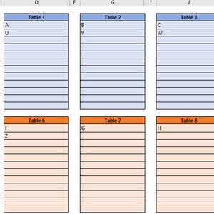 Peut inclure: Une feuille de calcul avec une liste de noms d'invités et de numéros de table. Les numéros de table sont codés par couleur, les tables 1 à 5 en bleu et les tables 6 à 10 en orange.