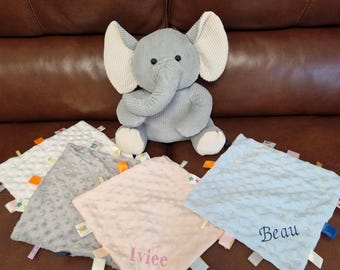 Personalized Baby Tag Blanket, Embroidered Sensory Comforter