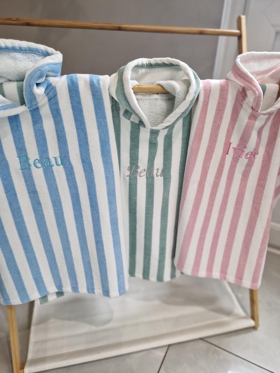Kids Personalized Striped Hooded Towel, Embroidered Beach Poncho