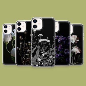 Funda para teléfono con estampado floral de jardín negro para iPhone 15, 14, 13, 12, 11, XR, Samsung S23Ultra, S22, S21FE, A54, A34, A14, Pixel 8, 7A, 7Pro, 6Pro