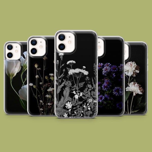 Black Garden Phone Case Floral Prints Cover for iPhone 15 14 13 12 11 Xr Samsung S23Ultra, S22, S21FE, A54, A34, A14, Pixel 8, 7A, 7Pro 6Pro