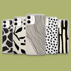 May include: Five different iPhone cases featuring black and white abstract designs. The designs include animal print, leaves, wavy lines, hearts, and stripes.