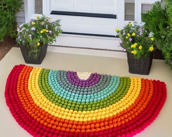 Patrón de tapete de ganchillo con pompones arcoíris: tapete semicircular (patrón PDF)
