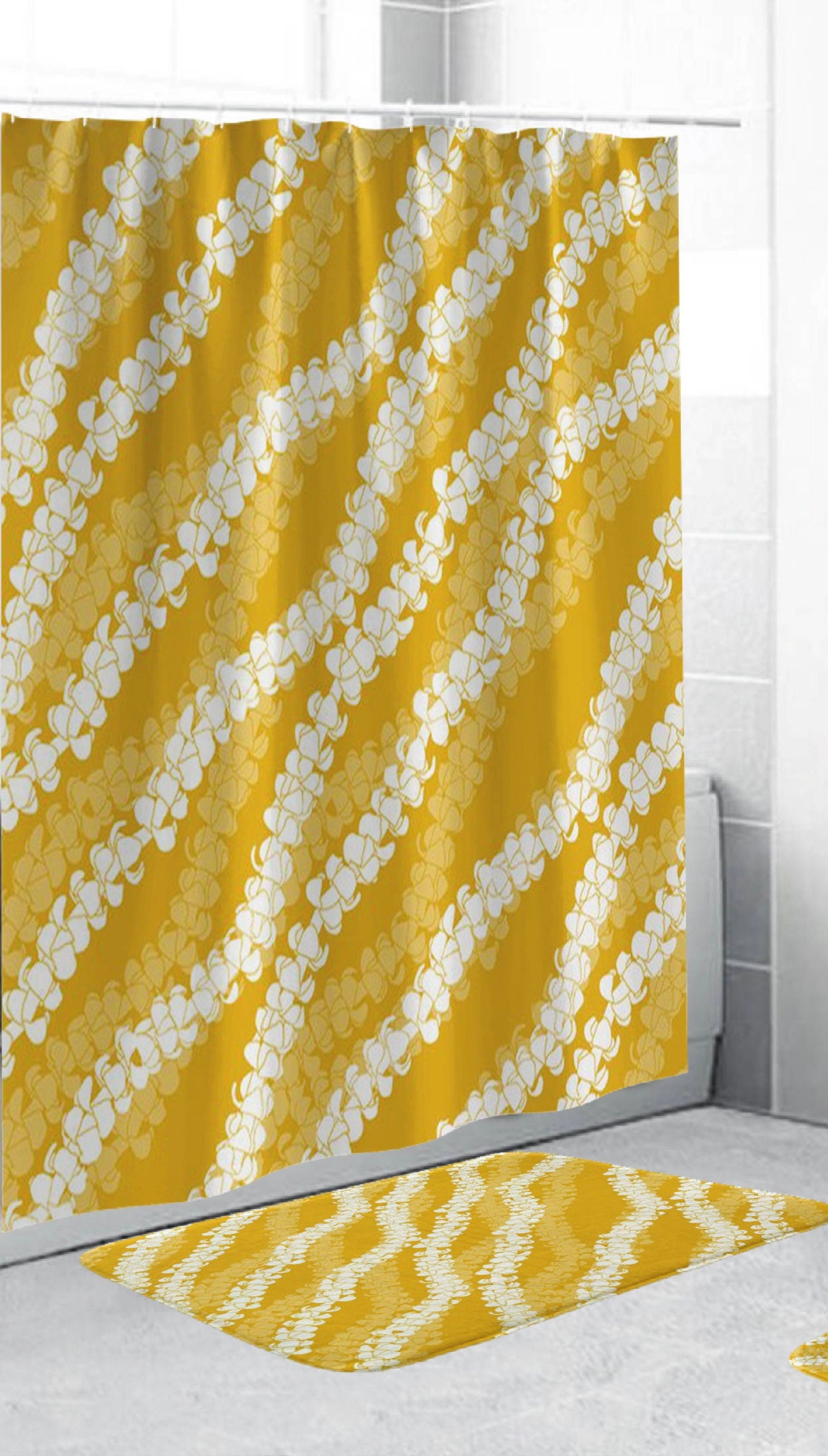 CHARMHOME 4 Piece Shower Curtain Sets with Non-Slip Rug, Toilet Lid Cover,  Bath Mat and 12 Hooks,Fins On The Sea Level Waterproof Bathroom Curtains