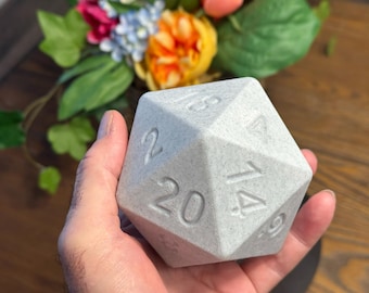 3D Printed D20 Dice: White Marble PLA, 100mm