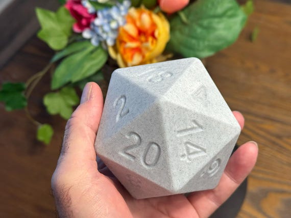 Oversized D20 Dice | White Marble PLA, 100mm Gaming Accessory