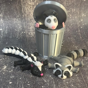 3D Printed Articulated Trash Can Animals: Raccoon, Opossum, Skunk