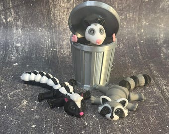 3D Printed Articulated Trash Can Animals: Raccoon, Opossum, Skunk