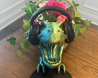 3D Printed T-Rex Headphone Holder: Tricolor Dinosaur Wall Mount