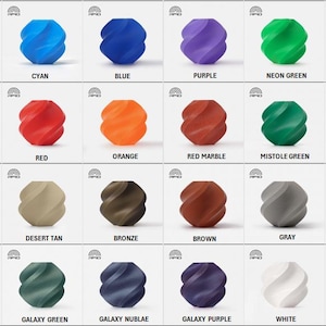 May include: A grid of 24 colorful, abstract, vase-shaped objects. Each vase has a unique color, including turquoise, cyan, blue, purple, neon green, green, pink, red, orange, red marble, mistletoe green, black, beige, desert tan, bronze, brown, gray, silver, galaxy brown, galaxy green, galaxy nublae, galaxy purple, white, and yellow.