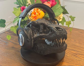 3D Printed T-Rex Skull Headphone Stand: Dinosaur Desk Decor