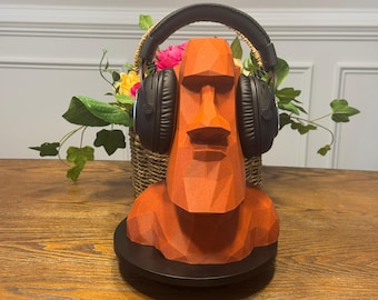 3D Printed Moai Headphone Stand: Marble Brick PLA, Low Poly