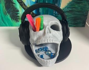 3D Printed Skull Holder: Headset Stand, Dice Tower, Pen Organizer
