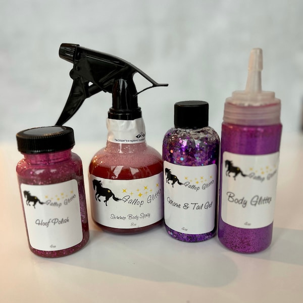 Gallop Glitter - Ensemble de 4 paillettes violettes - Vernis à sabots, paillettes pour le corps, spray scintillant et gel pour crinière et queue