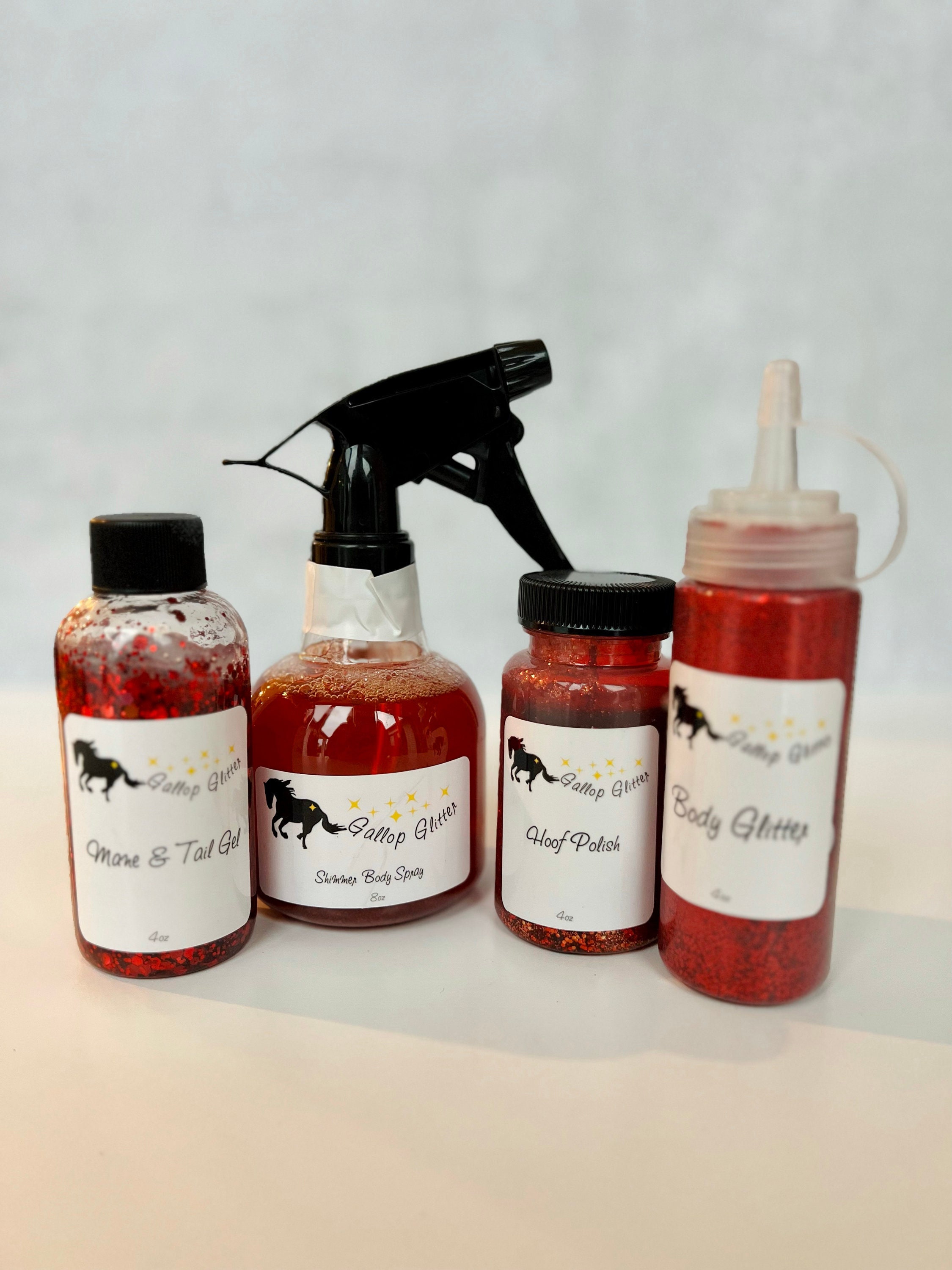 Gallop Glitter - Red Glitter Set of 4 - Hoof Polish, Body Glitter, Shimmer Spray and Mane and Tail Gel