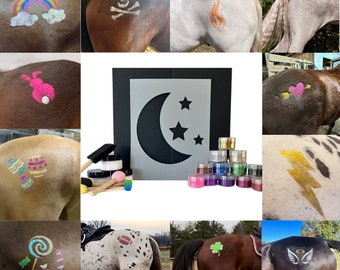 Kit di stencil Gallop Glitter da 2 pezzi per cavalli - Tatuaggio glitter equestre - Cutie Mark glitterato