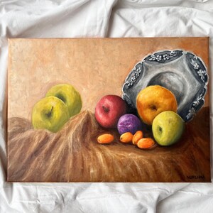 Original Gemälde Stillleben, kleine Malerei Apfel, realistische Kunst, Leinwand Ölgemälde, Obst Malerei, Wohnkultur für Küche, Wandkunst