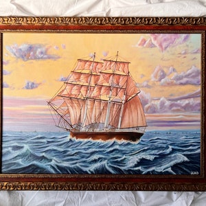 Original Sea Artwork Oil Painting Seascape Decor Ship Painting Vintage Painting Ocean Waves Wall Art Handmade Christmas Gift Home Decor