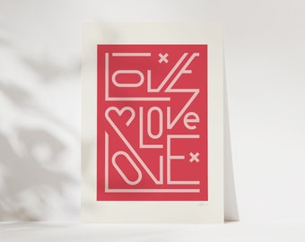 LOVE LOVE LOVE in Fuchsia/Red & Pink, Unframed Print, 4 Sizes Available, Love Print, Typography Love Print, Love Poster, Love Wall Art