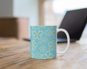 Blue Coffee Mug, Floral Print Coffee Cup, Valentine Gift, 11 oz Cup, Retro Mug, Gift for Mom, Floral Coffee Mug, Spring Mug, Oliver Designs