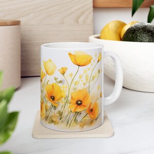 Yellow Boho Poppy Floral Mug with Watercolor Flowers For Coffee or Tea