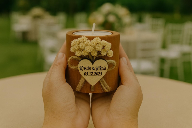 K&ouml;nnte beinhalten: Ein zylindrischer Kerzenhalter aus Holz, verziert mit einem kleinen Strau&szlig; getrockneter Blumen und einem herzf&ouml;rmigen Holzanh&auml;nger. Der Anh&auml;nger ist mit den Namen "Kristin & Nikola" und dem Datum "05.12.2025" graviert. Eine brennende Kerze befindet sich im Inneren.