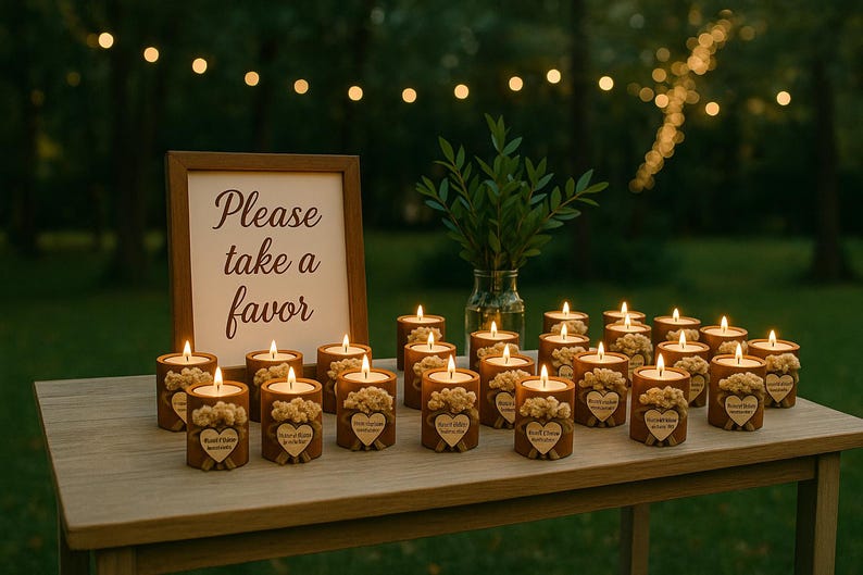 K&ouml;nnte beinhalten: Ein Holztisch zeigt brennende Kerzen und ein Schild mit der Aufschrift &bdquo;Bitte nehmen Sie ein Gastgeschenk&ldquo;. Die Kerzen befinden sich in Holzhaltern, die mit floralen Akzenten und herzf&ouml;rmigen Anh&auml;ngern verziert sind. Eine Vase mit Gr&uuml;nzeug ist ebenfalls vorhanden.