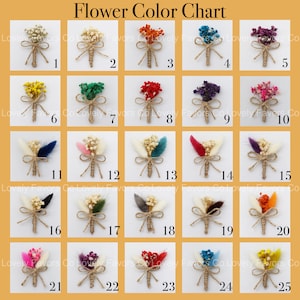 May include: A colour chart of 25 dried flower bouquets, each tied with twine and arranged in a grid pattern. The bouquets are in various colours, including white, yellow, orange, red, pink, purple, blue, and green.