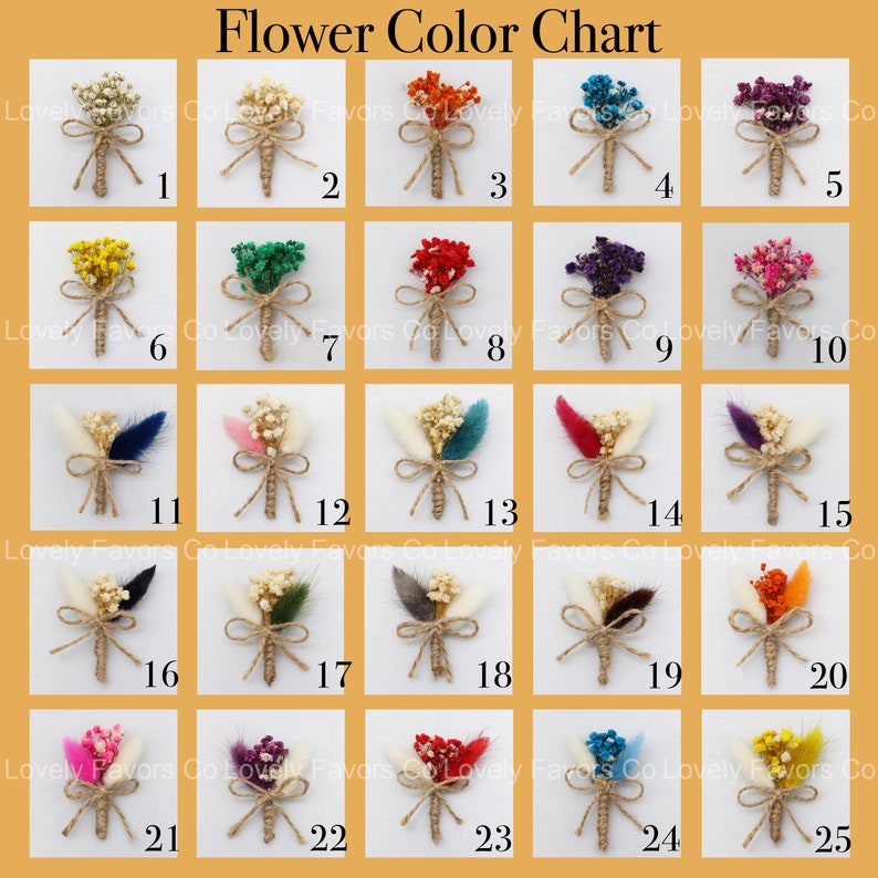 May include: A colour chart of 25 dried flower bouquets, each tied with twine and arranged in a grid pattern. The bouquets are in various colours, including white, yellow, orange, red, pink, purple, blue, and green.