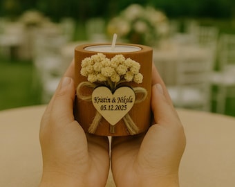 Personalisierte rustikale Hochzeit Gunst Kerze | Personalisierter Holzkerzenhalter mit Namen & Datum | Handmade Gastgeschenk | Umweltfreundliches Hochzeitsdekor