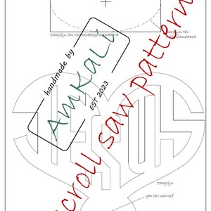 May include: A black and white line drawing of a heart shape with the text "scroll saw pattern" written diagonally across the image. The text "handmade by Amkali EST 2023" is written in a rectangle at the top of the image. The text "handmade by Amkali EST 2023" is written in a rectangle at the bottom of the image.