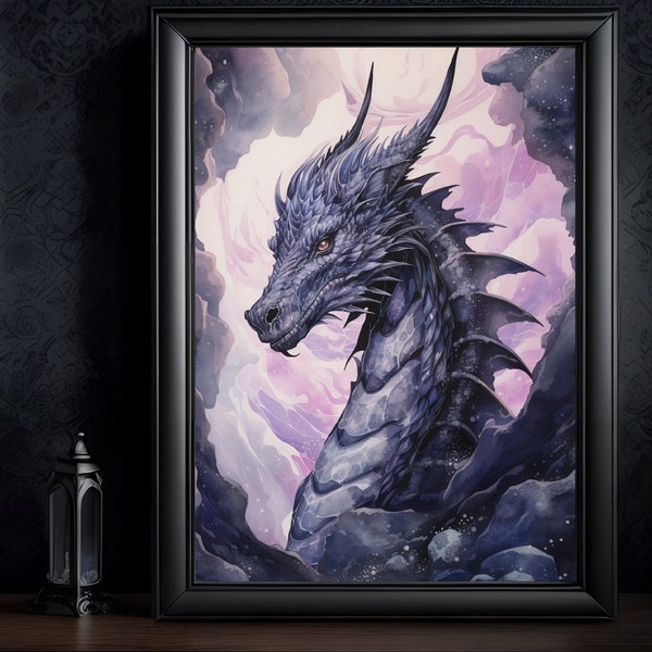 Le dragon violet, tête de dragon, tons pastels violet et rose, poster, tableau, toile