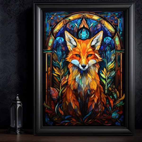 Le renard chaman, dans le style vitrail, animal totem renard, idée cadeau renard, décoration renard, poster, tableau ou toile