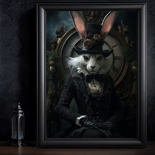 Lapin gothique inspiré d'Alice aux pays des Merveilles, style victorien, dark academia, poster, tableau, toile