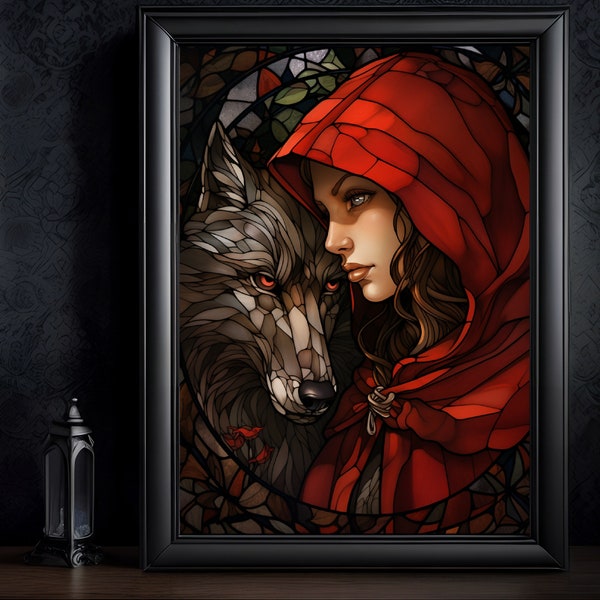 La femme en rouge et le loup, inspiré du petit chaperon rouge, poster, toile, décoration, idée cadeau